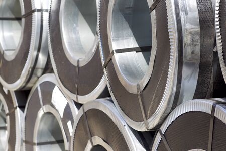 Rolls of cold-rolled galvanized steel with polymer coating in stockの写真素材