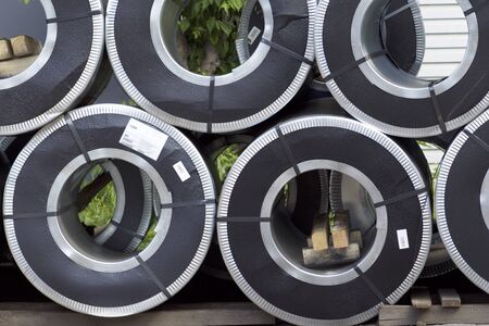 Rolls of cold-rolled galvanized steel with polymer coating in stockの写真素材