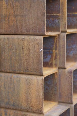 Metal profile pipe of rectangular cross section in packs at the warehouse of metal products, Russia