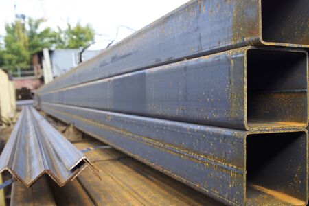 Metal profile pipe of rectangular cross section in packs at the warehouse of metal products, Russia