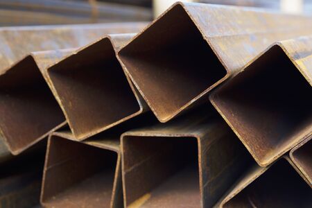 Metal profile pipe of rectangular cross section in packs at the warehouse of metal products, Russia