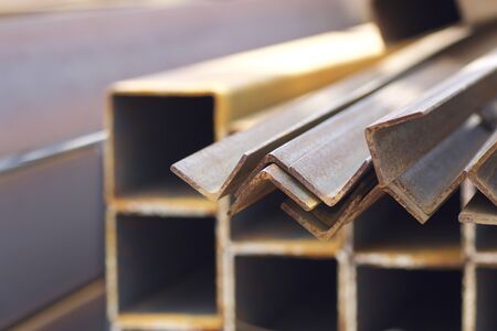 Metal profile angle in packs at the warehouse of metal products, Russiaの写真素材