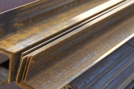 Metal profile angle in packs at the warehouse of metal products, Russiaの写真素材