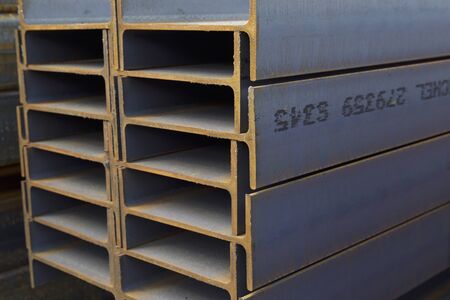 Metal profile beam in packs at the warehouse of metal products, Russiaの写真素材