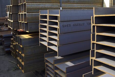 Metal profile beam in packs at the warehouse of metal products, Russia