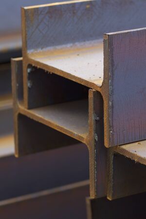 Metal profile beam in packs at the warehouse of metal products, Russia