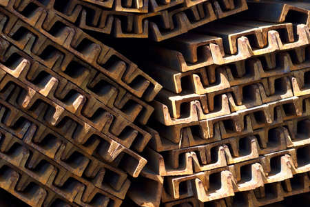 Metal profile channel in packs at the warehouse of metal products, Russiaの写真素材