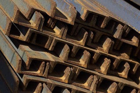 Metal profile channel in packs at the warehouse of metal products, Russiaの写真素材