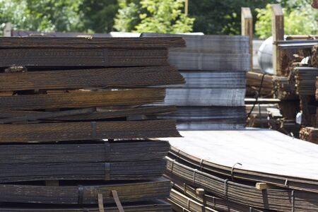 Metal profiles of different kinds are located in the metal products warehouse, Russiaの写真素材