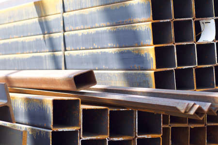 Metal profiles of different kinds are located in the metal products warehouse, Russiaの写真素材