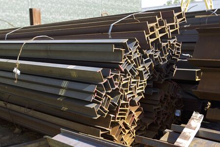Metal profiles of different kinds are located in the metal products warehouse, Russia