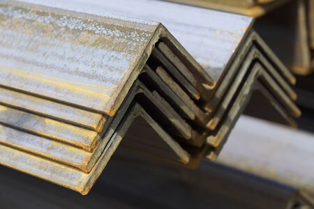 Metal profile angle in packs at the warehouse of metal products, Russia