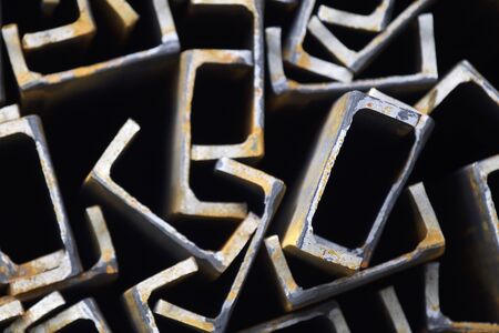 Metal profile channel in packs at the warehouse of metal products, Russiaの写真素材