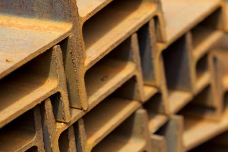 Metal profile beam in packs at the warehouse of metal products, Russia
