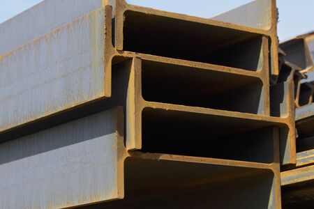 Metal profile beam in packs at the warehouse of metal products, Russia