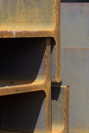 Metal profile beam in packs at the warehouse of metal products, Russia