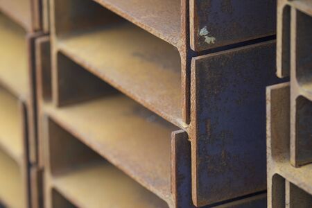 Metal profile beam in packs at the warehouse of metal products, Russiaの写真素材