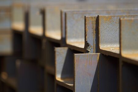 Metal profile beam in packs at the warehouse of metal products, Russiaの写真素材