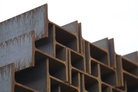 Metal profile beam in packs at the warehouse of metal products, Russiaの写真素材