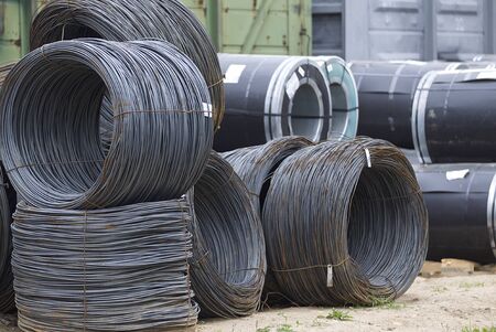 Thin metal reinforcement wound into bays at the metal products warehouse, Russia