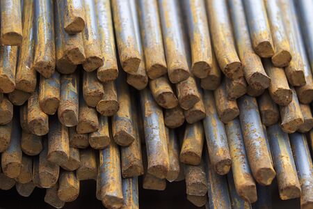 Reinforcing bars in the packs are stored in the metal products warehouse, Russia