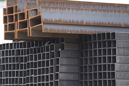 Metal profiles of different kinds are located in the metal products warehouse, Russiaの写真素材