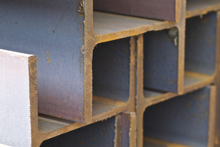Metal profile beam in packs at the warehouse of metal products, Russiaの写真素材