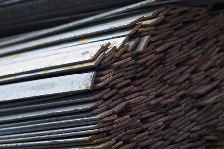 Metal profile strip in packs at the warehouse of metal products, Russiaの写真素材