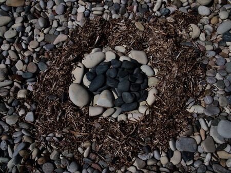 The figure of concentric circles on a pebble beach, Pissouri, Cyprusの写真素材