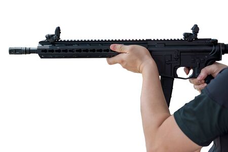 holding gun aiming pistol in shooting range on white background   patch