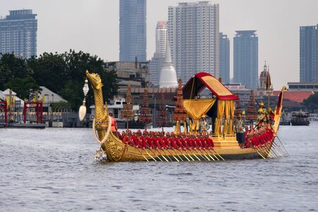 Bangkok, Thailand - October 21, 2019 : Suphannahongse The Royal barge of a procession in rehearsal in the royal coronation ceremony of His Majesty the King Rama X 10のeditorial素材