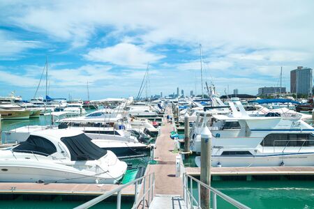 Chonburi, Thailand â August 4, 2015 : A luxury yacht docked in the parking of boats and yachts in Ocean Marina at Pattaya district Chonburi province, Thailandのeditorial素材