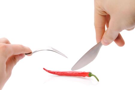 Isolated human hands with dinner equipmentsの写真素材