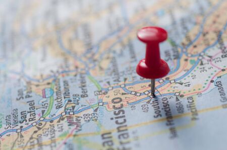 Travel concept with red pushpinの写真素材