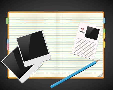 Sketchbook with photos, id and pencil. Vector conceptのイラスト素材