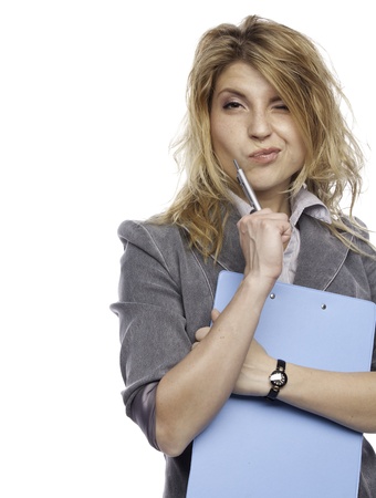 thinking woman with pen and folderの写真素材