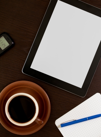 Workplace with blank digital tabletの写真素材