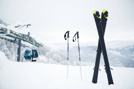 Ski equipment in the snowの写真素材