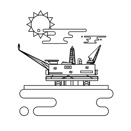 Offshore oil platform in the blue ocean. Thin line style vector illustration conceptのイラスト素材