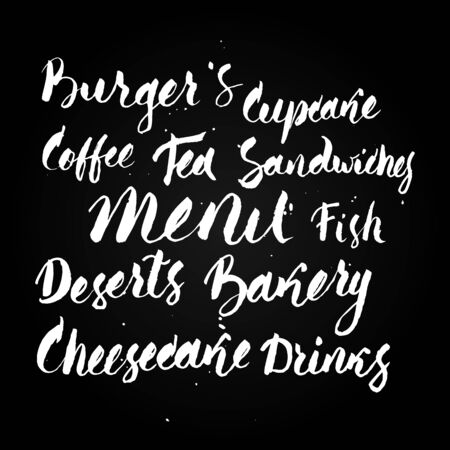 Burgers, Cupcake, Coffee, Tea, Sandwiches, Fish, Deserts, Bakery, Cheesecake, Drinks. Handwritting Menu positions with brush and ink in modern calligraphy style over black background with white ink spots.のイラスト素材