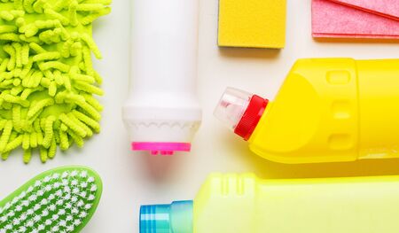 House cleaning products on white table. Top view.の写真素材