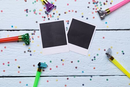 Blank photographys, confetti on white wooden floorの写真素材