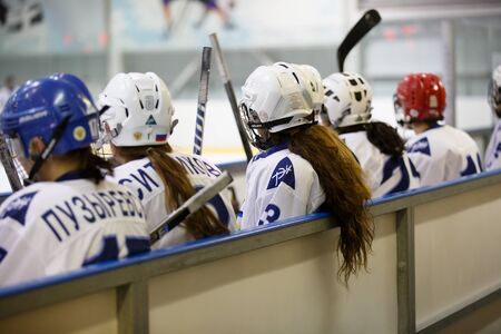 Moscow, Russia - January, 07, 2017: Female amateur hockey leage LHL-77. Game between female hockey team "Grad" and female hockey team "Atlant". Female team back viewのeditorial素材