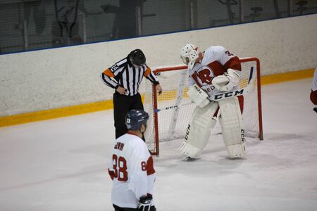 Moscow, Russia - January, 07, 2017: Amateur hockey league LHL-77. Game between hockey team "New Jersey 53" and hockey team "Reds".のeditorial素材
