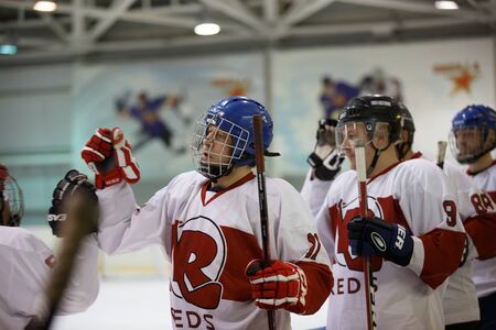 Moscow, Russia - January, 07, 2017: Amateur hockey league LHL-77. Game between hockey team "New Jersey 53" and hockey team "Reds".のeditorial素材