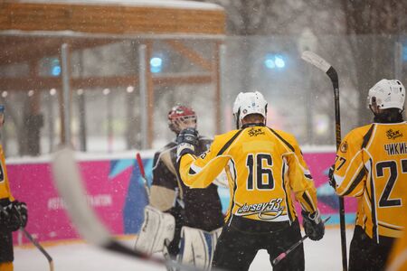 Moscow, Russia - January, 15, 2017: Amateur hockey league LHL-77. Game between hockey team "New Jersey 53" and hockey team "Black and white".のeditorial素材