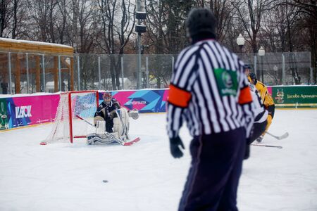 Moscow, Russia - January, 15, 2017: Amateur hockey league LHL-77. Game between hockey team "New Jersey 53" and hockey team "Black and white".のeditorial素材