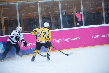 Moscow, Russia - January, 15, 2017: Amateur hockey league LHL-77. Game between hockey team "New Jersey 53" and hockey team "Black and white".のeditorial素材