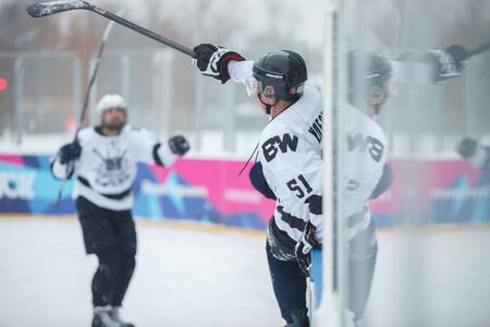 Moscow, Russia - January, 15, 2017: Amateur hockey league LHL-77. Game between hockey team "New Jersey 53" and hockey team "Black and white".のeditorial素材