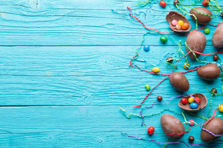 Chocolate eggs, multi colored sweetsの写真素材